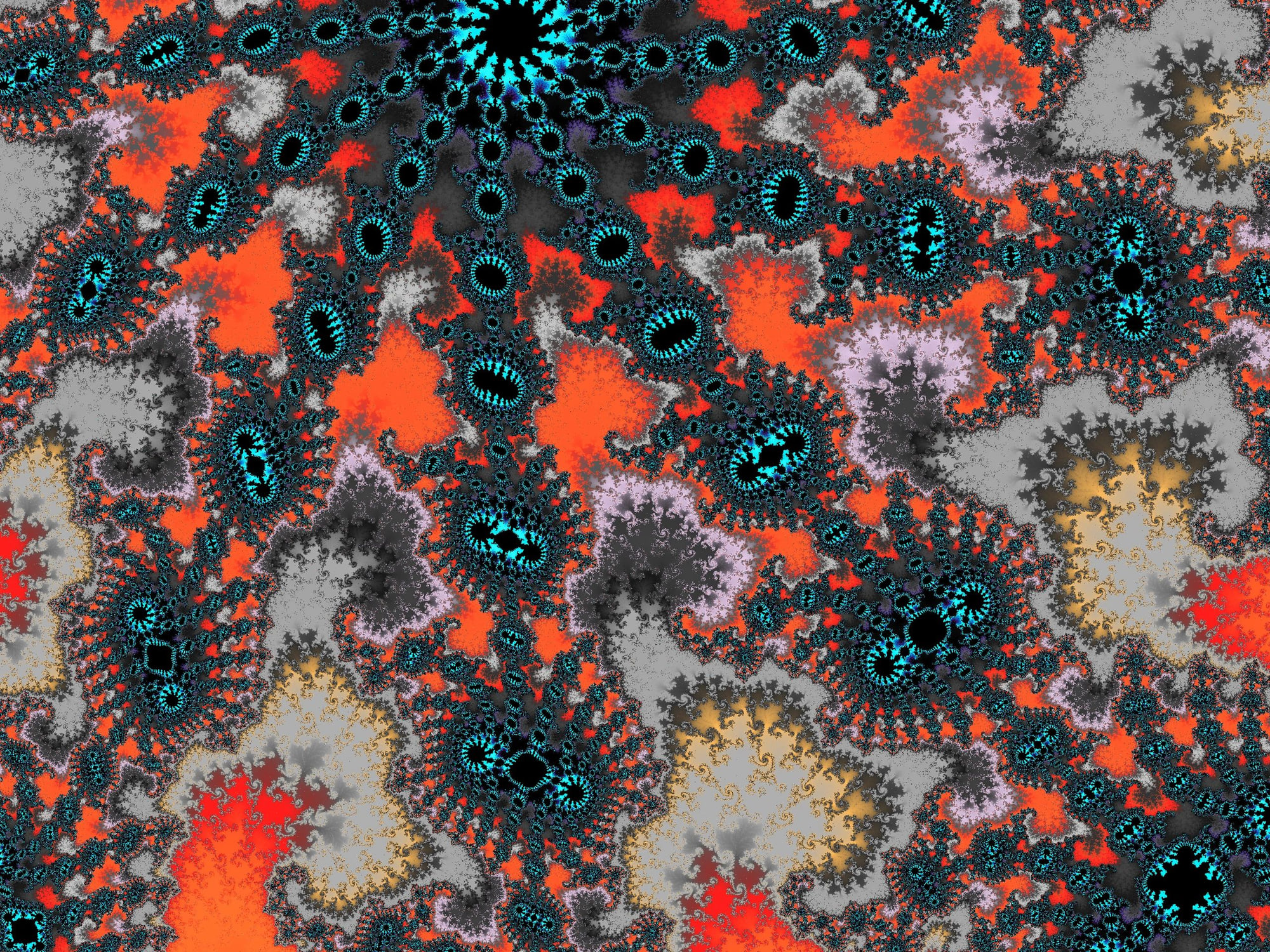 Three miniature Mandelbrot forms surrounded by cyan filigree and vivid orange detail